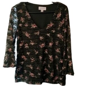 Elle Sheer Overlay V-Neck‎ Bell Sleeve Top Cottage Rose Women's Size Small